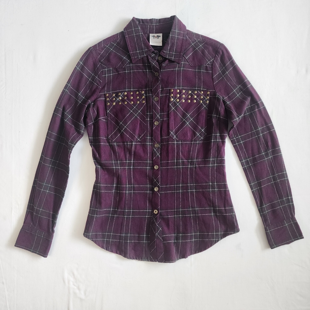 HARLEY DAVIDSON Size XS Purple Flannel w/ Studded Pockets Embroidered